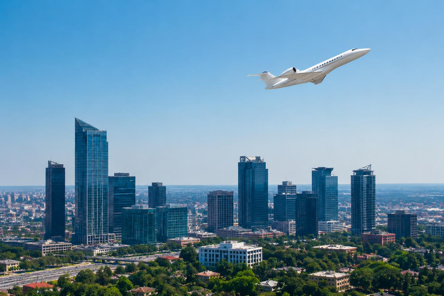 Private aircraft above a modern African city skyline