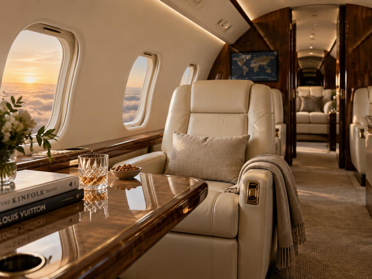 Private jet cabin prepared for passengers