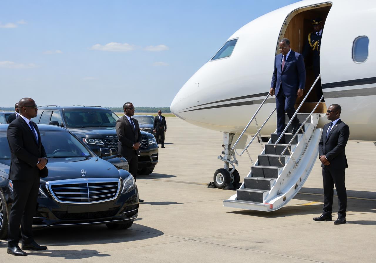 Passenger met by cars and security at the aircraft