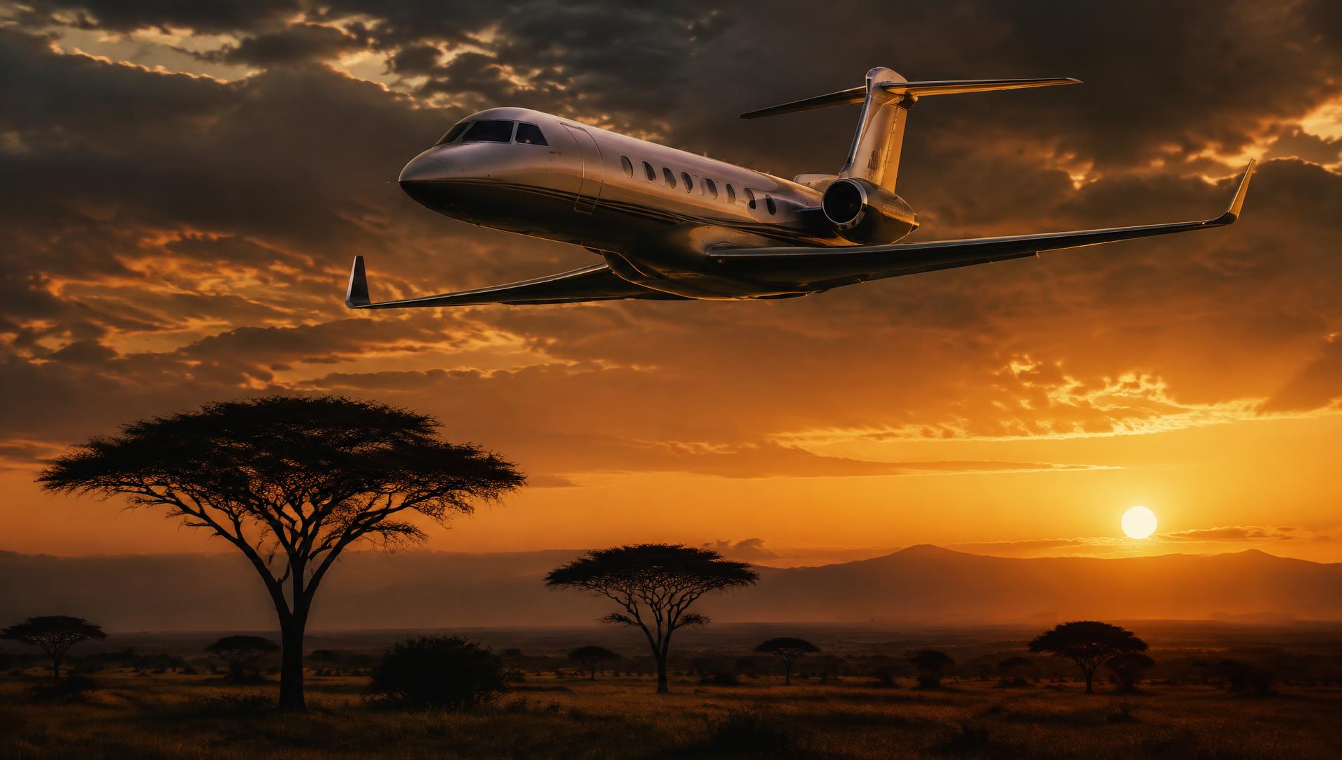 Private jet flying over the African savanna