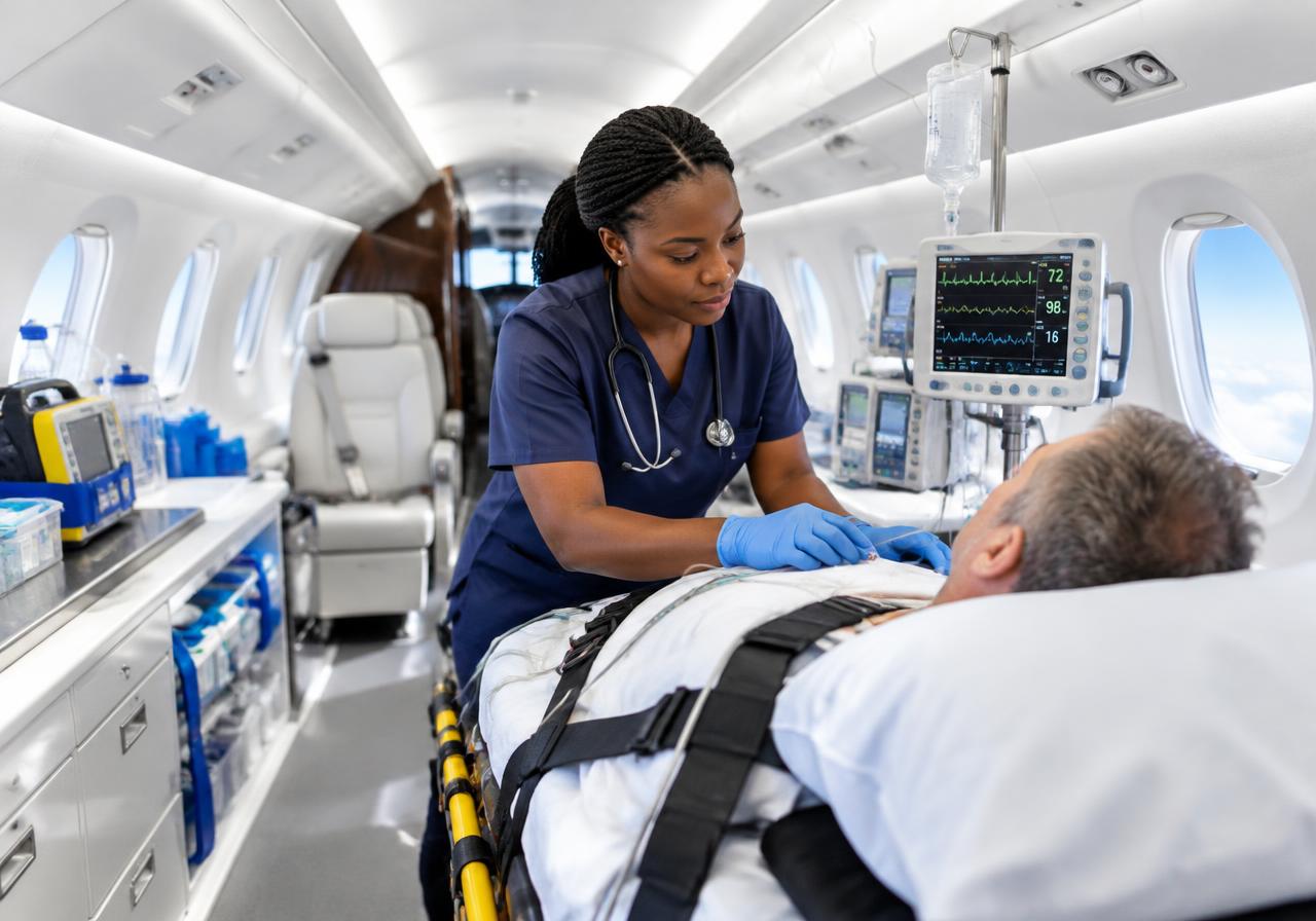 Nurse caring for a patient inside a medical jet